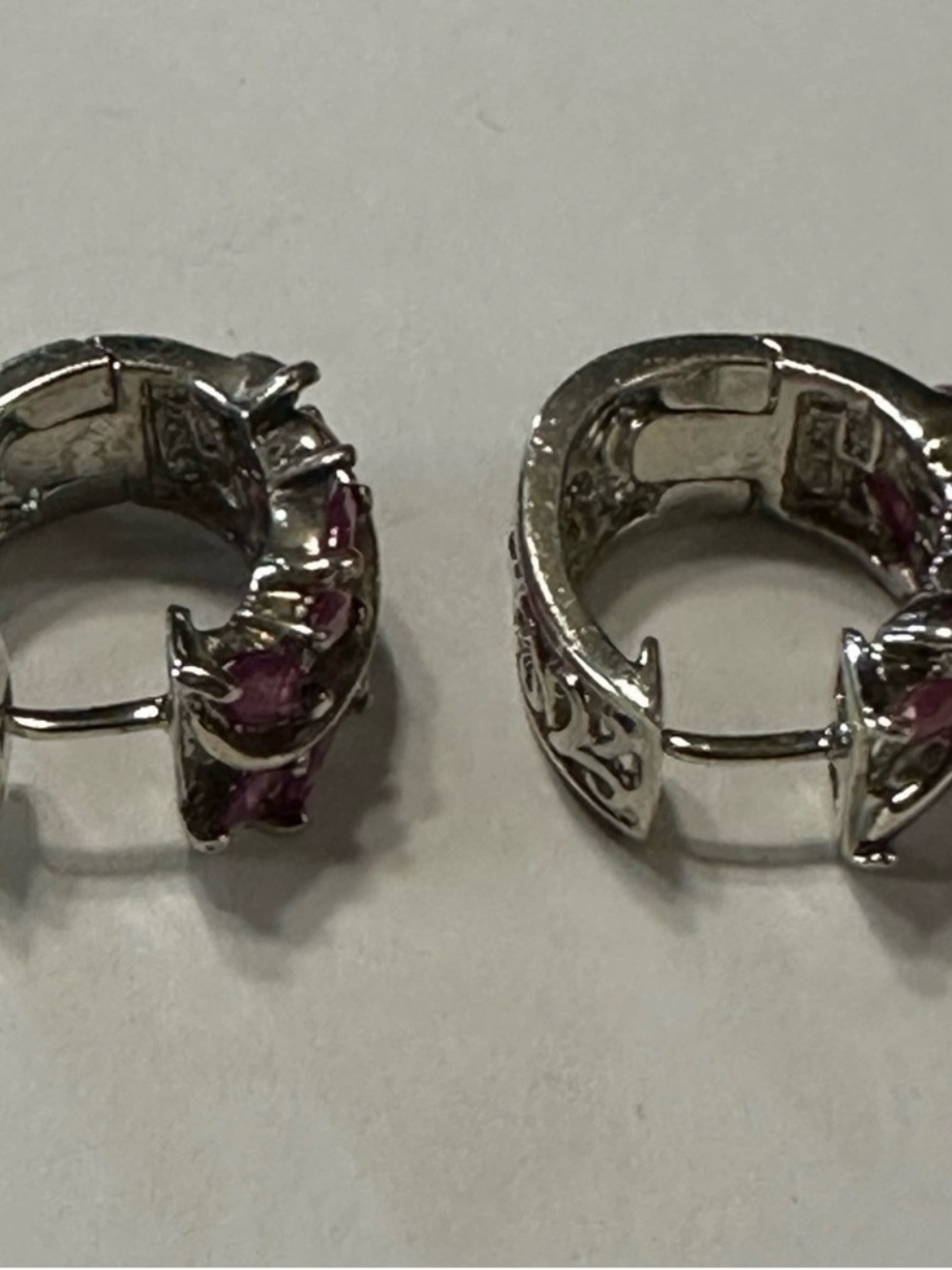 Vintage Sterling Silver Pink/Red Ruby Hinged Huggie Earrings For Pierced Ears - Picture 4 of 10